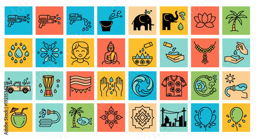 Songkran Festival Icons: Water Guns, Elephants, Buddha, Water Splash