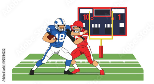 Two cartoon American football players, one in blue with a ball and one in red, on a field with a scoreboard and goalpost in the background.