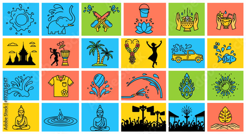 Thai Songkran Festival Icons and Symbols Collection