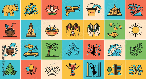 Thai Songkran Festival Icons: Elephant, Water Gun, Buddha, Palm Tree, Sun