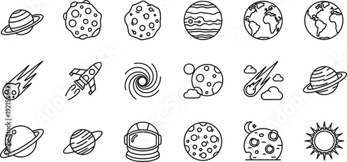 Space Line Icons Set Planets Astronaut Galaxy Stars Universe Outline Vector Collection