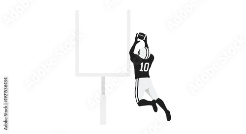 Stylized illustration of an American football player in jersey number 10 leaping to catch a pass near a goalpost.