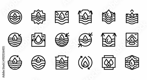 Water Drop Icons Set: Droplet, Wave, Recycle, Flow, Abstract Shapes