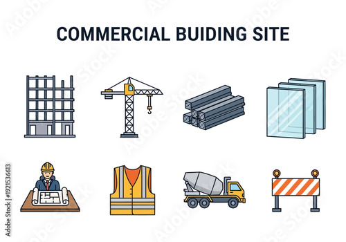 Construction icons of buildings, cranes, workers, and materials on a white background