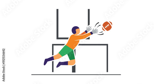 A cartoon illustration of a football player diving to catch an American football near a goalpost.