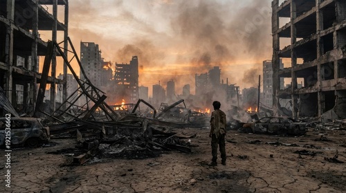 Image of destroyed city in fire storm showing death and earth's destruction concept. A haunting view of destruction in a post-apocalyptic cityscape.
