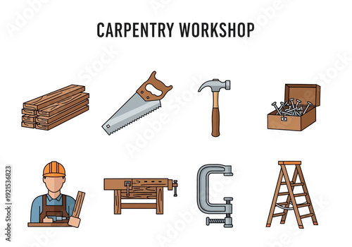 Set of carpentry workshop tools and equipment illustrations, featuring wood, saw, hammer, toolbox, ladder, clamp, workbench, and carpenter