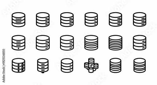 Database Icons Set: Stacked Disks, Data Storage, Cloud Computing Symbols