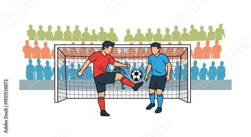 Two soccer players in action on a field with a goal and a crowd of spectators in the background, illustrating a dynamic moment in a football match.