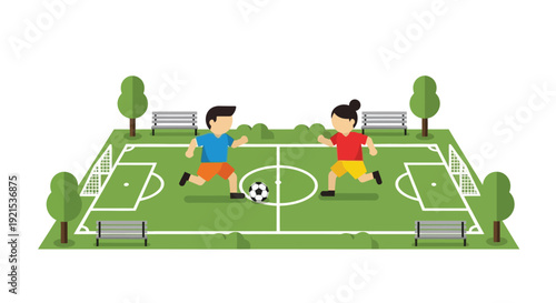 Two cartoon children playing soccer on a green field with goalposts and trees, illustrating a fun outdoor sports activity.