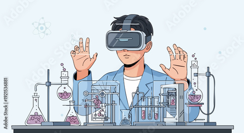 Scientist conducting virtual reality experiment in futuristic laboratory vector illustration