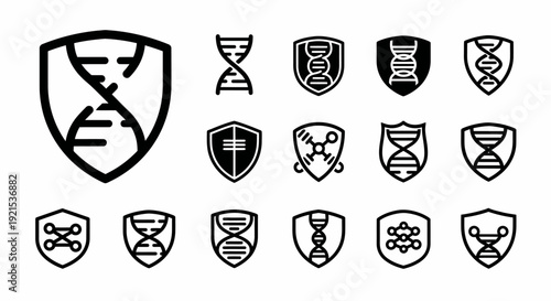 DNA Shield Icons: Genetic Protection, Security, and Science Symbols