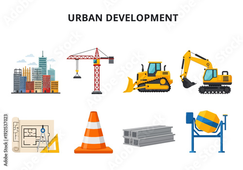 Set of urban development and construction icons representing city buildings, cranes, vehicles, and tools for industry