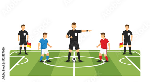 A detailed illustration of a soccer match setup with a referee, assistant referees, and two young players on a green field.