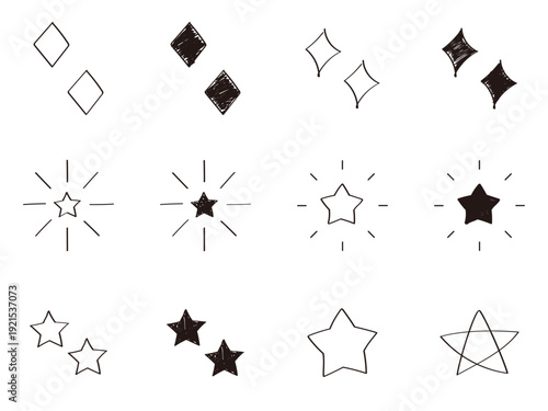 かわいい手書きの星・スター・キラキラのアイコン　白黒のあしらい　ベクター