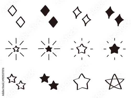かわいい手書きの星・スター・キラキラのアイコン　白黒のあしらい　ベクター