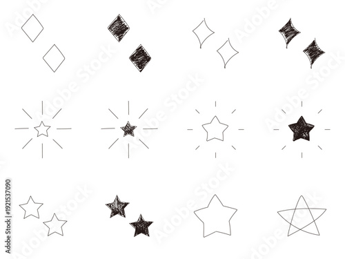 かわいい手書きの星・スター・キラキラのアイコン　白黒のあしらい　ベクター
