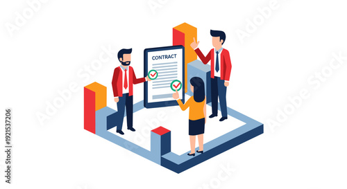 Digital Contract Approval – Flat Vector of Two Professionals Confirming Agreement on Tablet, Minimal Geometric Style