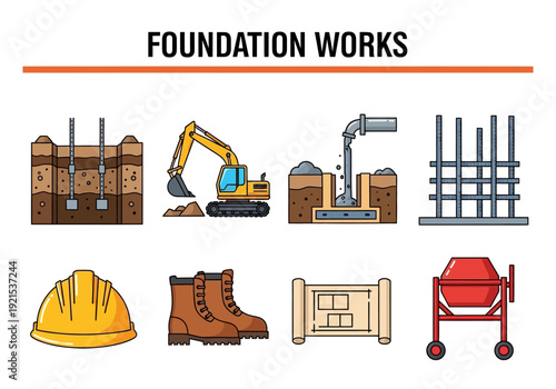 Foundation Works and Construction Icons Excavator, Cement Mixer, Blueprint, Safety Gear