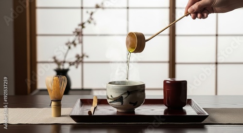 A person pouring green tea from a wooden ladle into a ceramic cup on a traditional Japanese tray