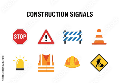 Collection of colorful flat design construction safety icons for roadwork and hazard warnings