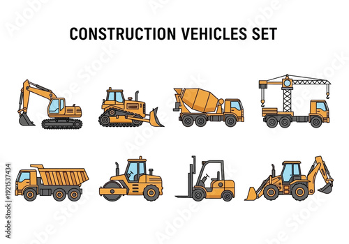 Construction Vehicles Set Featuring Excavator, Bulldozer, Cement Mixer, Crane, Tipper, Roller, Forklift, and Loader