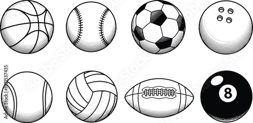 Black and white sports balls illustration set