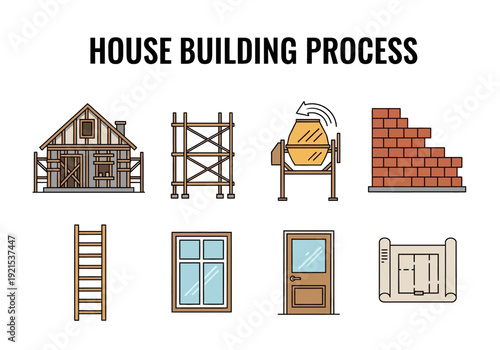 House construction stages tools, materials, and blueprint for building a new home