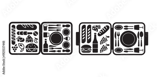 Picnic food and tableware icons in black silhouette for outdoor dining and meals