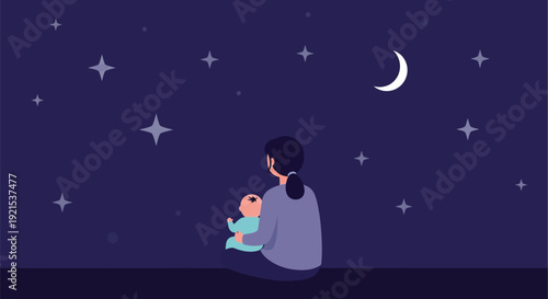 Mother and baby sitting under starry night sky with moon