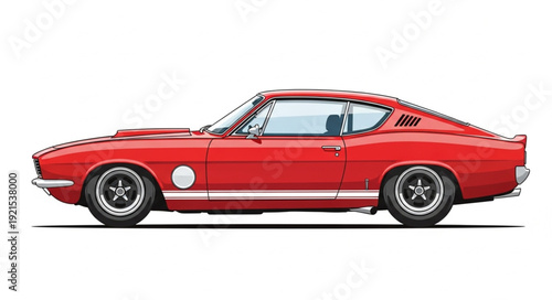 Vintage Red Muscle Car Side View.