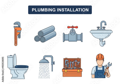 Collection of plumbing installation icons including a wrench, pipes, valve, sink, toilet, shower, toolbox, and a plumber holding a wrench