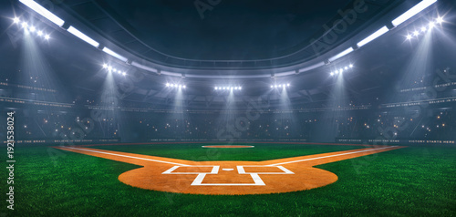 Baseball field at a sports stadium in foggy weather with shining floodlights and fans ready for an upcoming nighttime sports event.