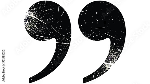 Black double quotation marks with heavy grunge texture and white scratches on white background