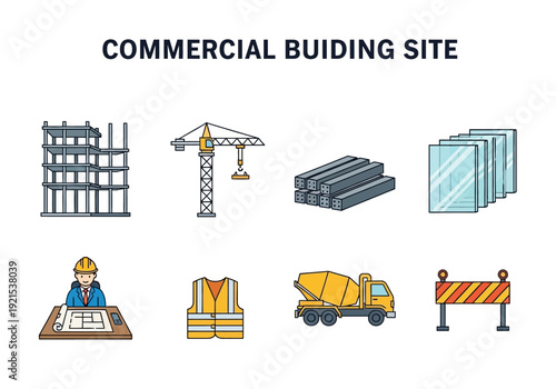 Collection of construction site icons including a crane, cement mixer, scaffolding, and safety vest