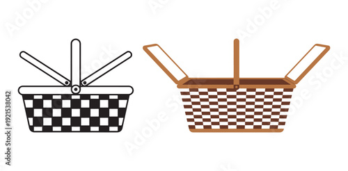 Vector picnic basket illustrations with wicker texture and folding lids for outdoor lunch