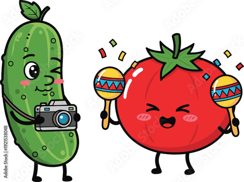 Cute tomato and cucumber characters with maracas kawaii vegetable cartoon flat vector illustration
