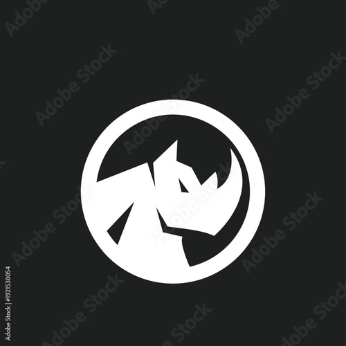 Modern Geometric White Rhino Head Logo Design in Circle on Black Background