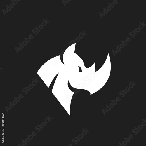 Modern white rhinoceros head logo on black background, featuring a powerful and aggressive stylized rhino emblem design, ideal for branding or mascot use.