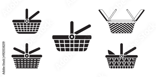 Set of shopping and picnic basket icons for grocery or outdoor storage container design
