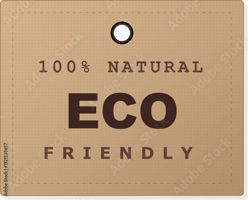 100% Natural Eco Friendly brown paper tag with a subtle grid texture and a punched hole. This vector illustration is isolated on a transparent background