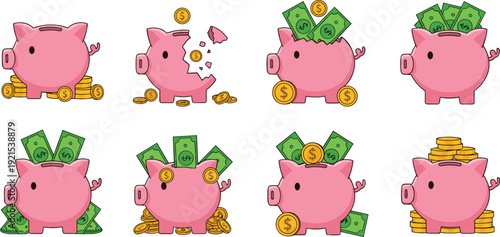 Piggy bank savings concept with coins and cash money flat vector illustration set isolated on background