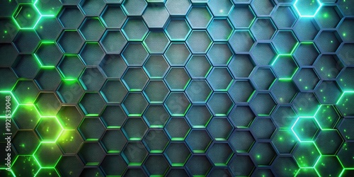 Abstract Hexagonal Grid with Glowing Green and Teal Accents A Futuristic Technological Background
