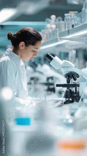 Focused scientist examining samples under a microscope in a modern laboratory filled with various equipment, showcasing the research process and scientific discovery.