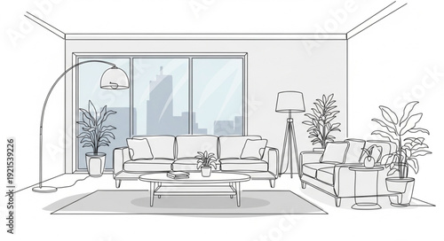 Modern living room interior design sketch with furniture and plants.