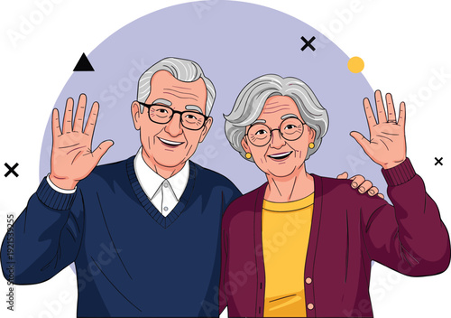 Smiling senior couple waving hands portrait flat vector illustration happy elderly man and woman isolated on background