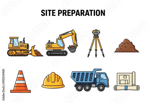 Construction Site Preparation and Earthmoving Equipment Illustrated Icons