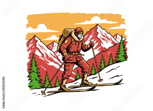 Mountain skiing illustration. Outdoor adventure artwork. Vintage winter expedition design. Backcountry ski touring graphic. Explore the wild mountains