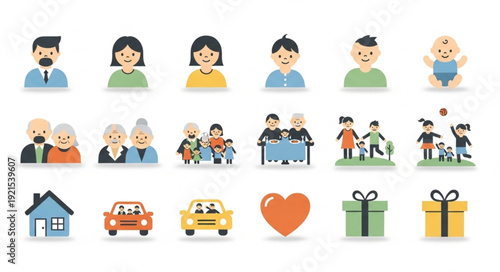 Collection of Diverse People Icons and Symbols Representing Family and Life.