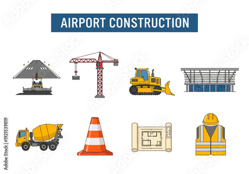 Airport construction elements including crane, bulldozer, concrete mixer, and safety vest